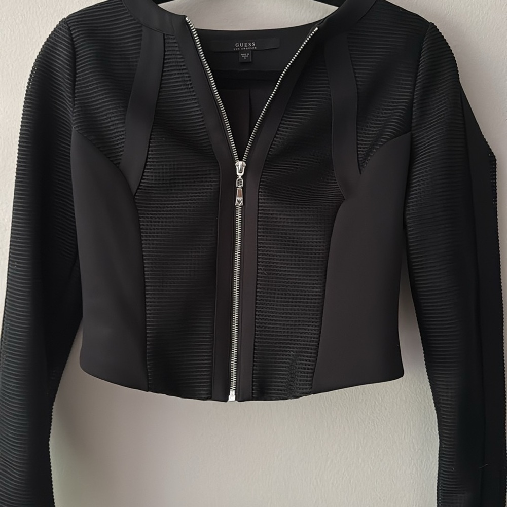 GUESS Scuba Mesh Mix Detail Cropped Black Jacket Size S